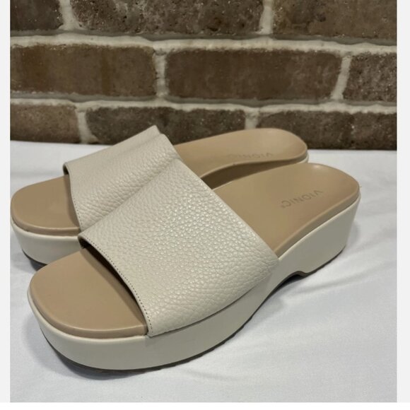 Vionic Shoes - VIONIC Plateau Leather Slides Platform Slip on Sandals Beige Orthotic Size 10